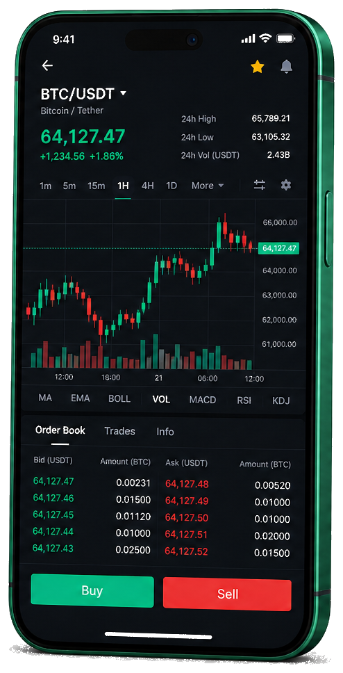 Piattaforma mobile di trading Prime Suretance — grafico BTC/USDT in tempo reale, book degli ordini e strumenti per acquistare o vendere